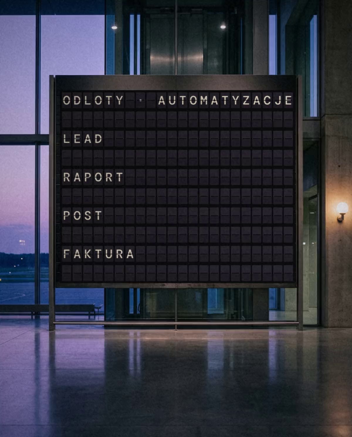 Tablica odlotów z klapkami w fioletowej hali