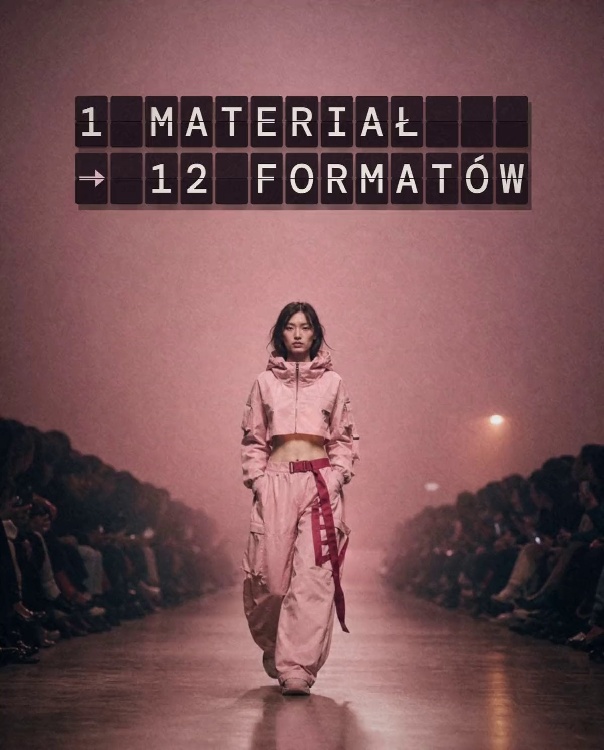 Modelka w różowym stroju na wybiegu, nad nią napis z klapek: 1 materiał, 12 formatów